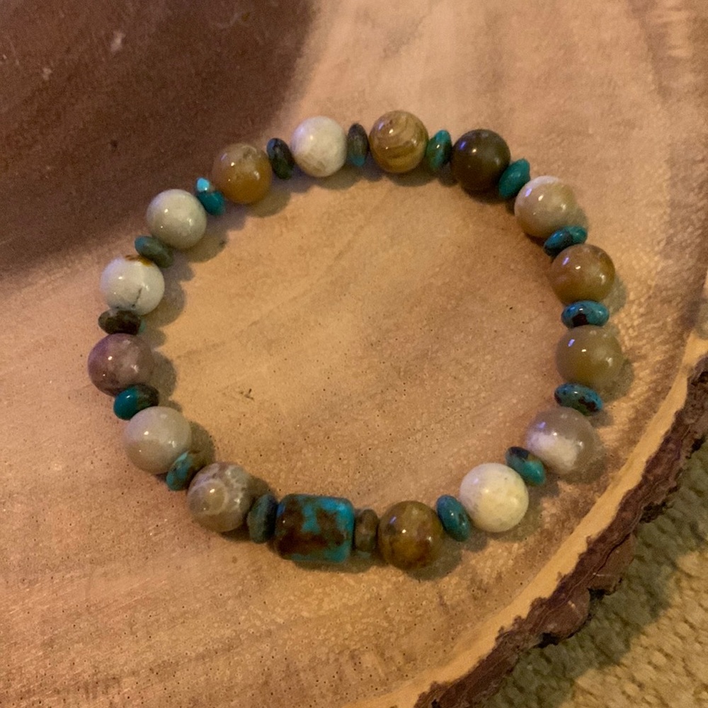 Turquoise and Fossilized Coral Bracelet.  Handmade turquoise jewelry.